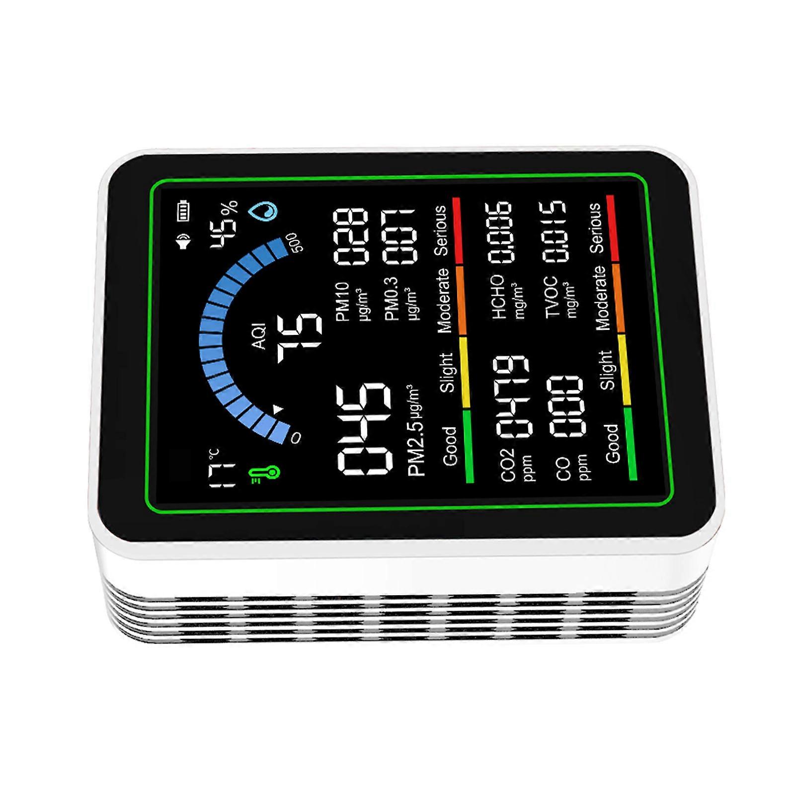 Air Quality Tester Detects 8 Kind Air Pollutants CO2, TVOC Detectors, Formaldehyde Tester Temperature and Humidity  White