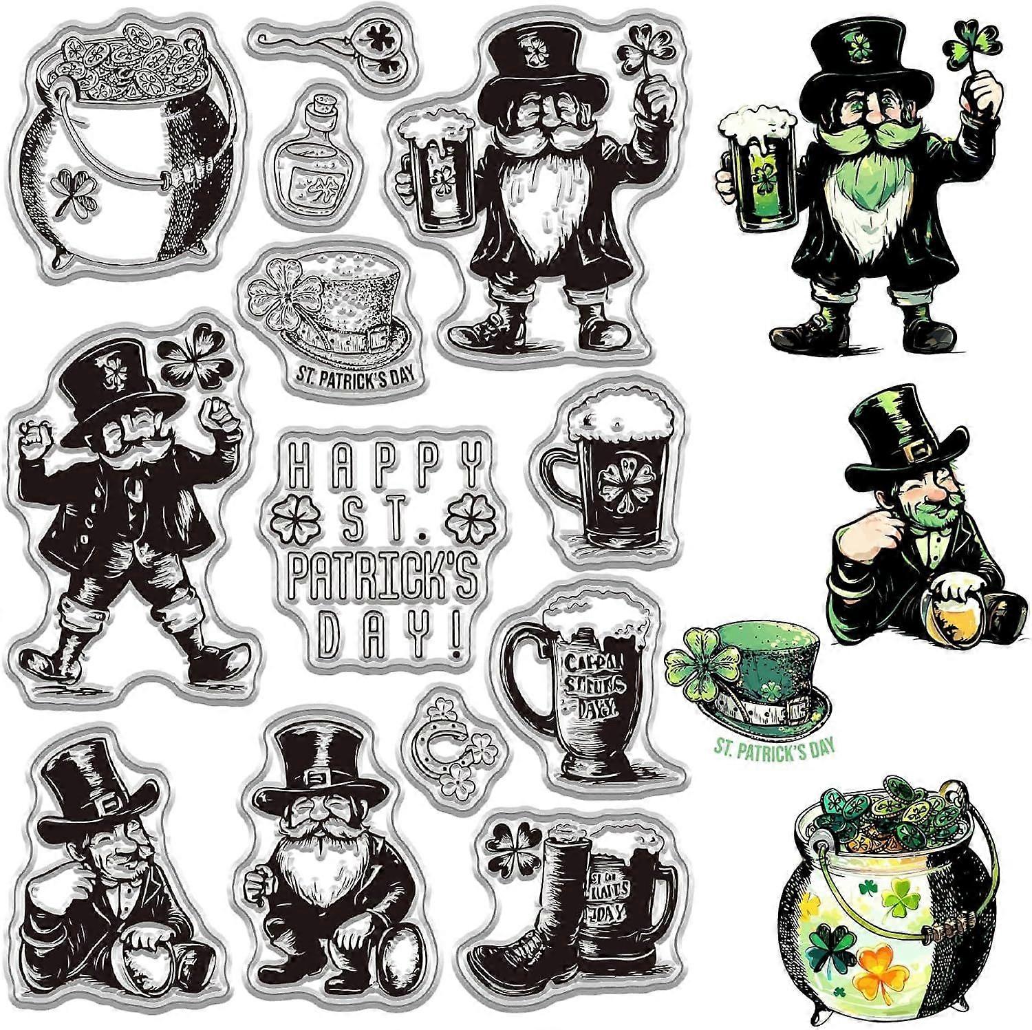 Gnome Clear Rubber Stamps Happy St Patrick Day Dwarf Elf Clover Retro Vintage Reusable Transparent Silicone Stamp Seals for Journaling Card Making Scr
