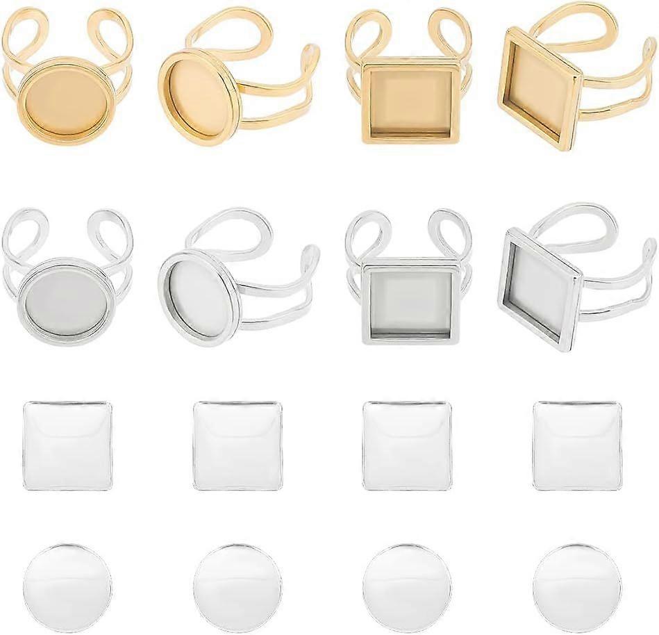 8 Sets 2 Colors Square Round Open Cuff Ring Bezel Tray Size 7~8 201 Stainless Steel Blank Cabochon Ring Bases with Glass Cabochons Domes Set for Ring 