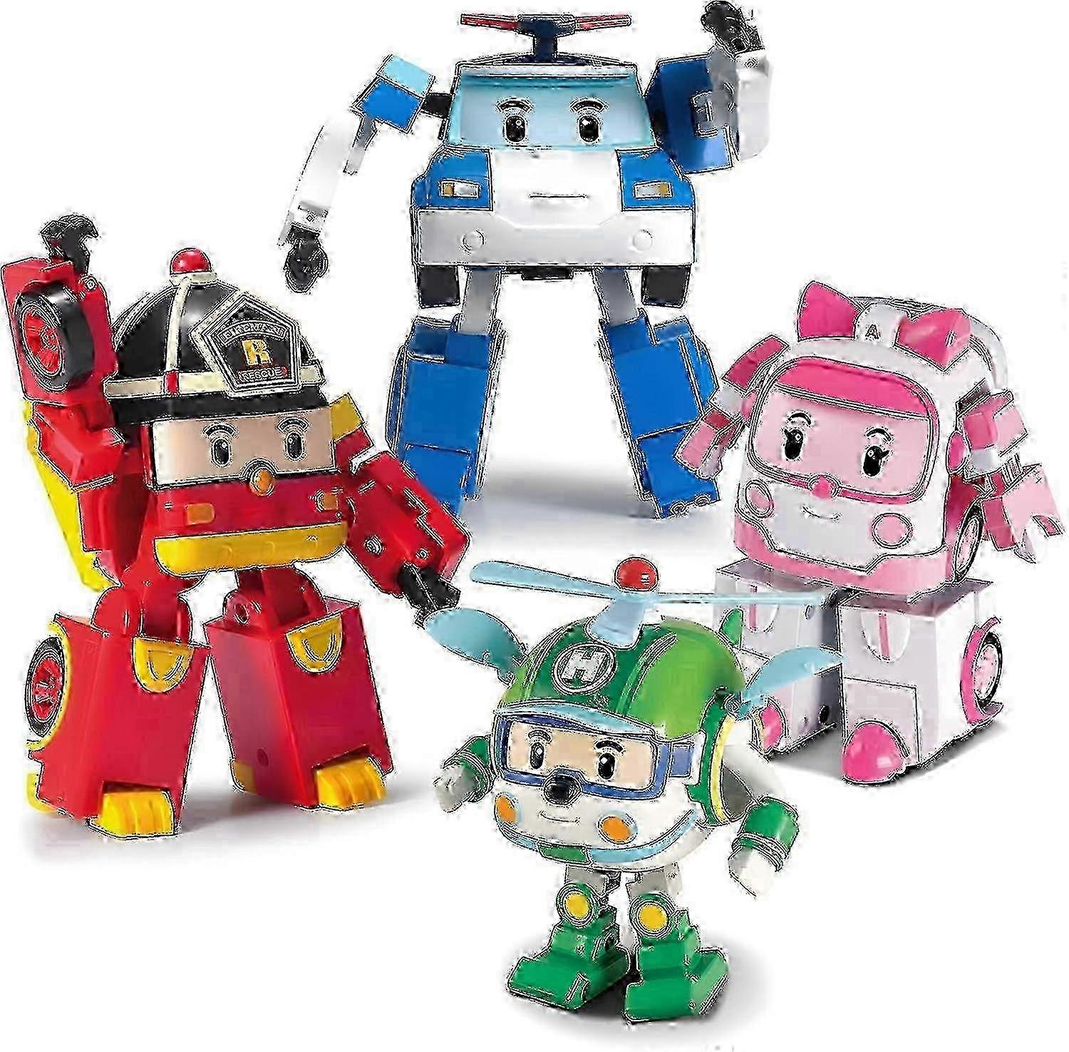 SBSG Robocar Poli 4-pak Poli + Amber + Roy + Helly transformerende robotlegetøj, 4" transformerbar handling