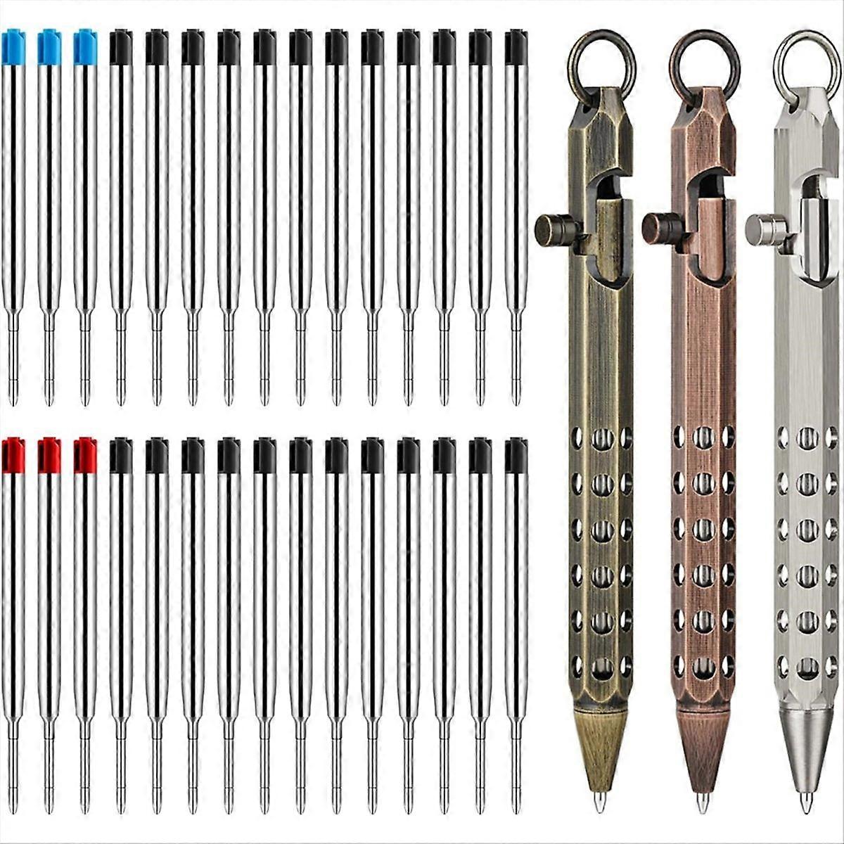 3Pack Bolt Action Pen Set, Hexagonal Solid Brass Pocket Pen with 30 Ballpoint Refills C