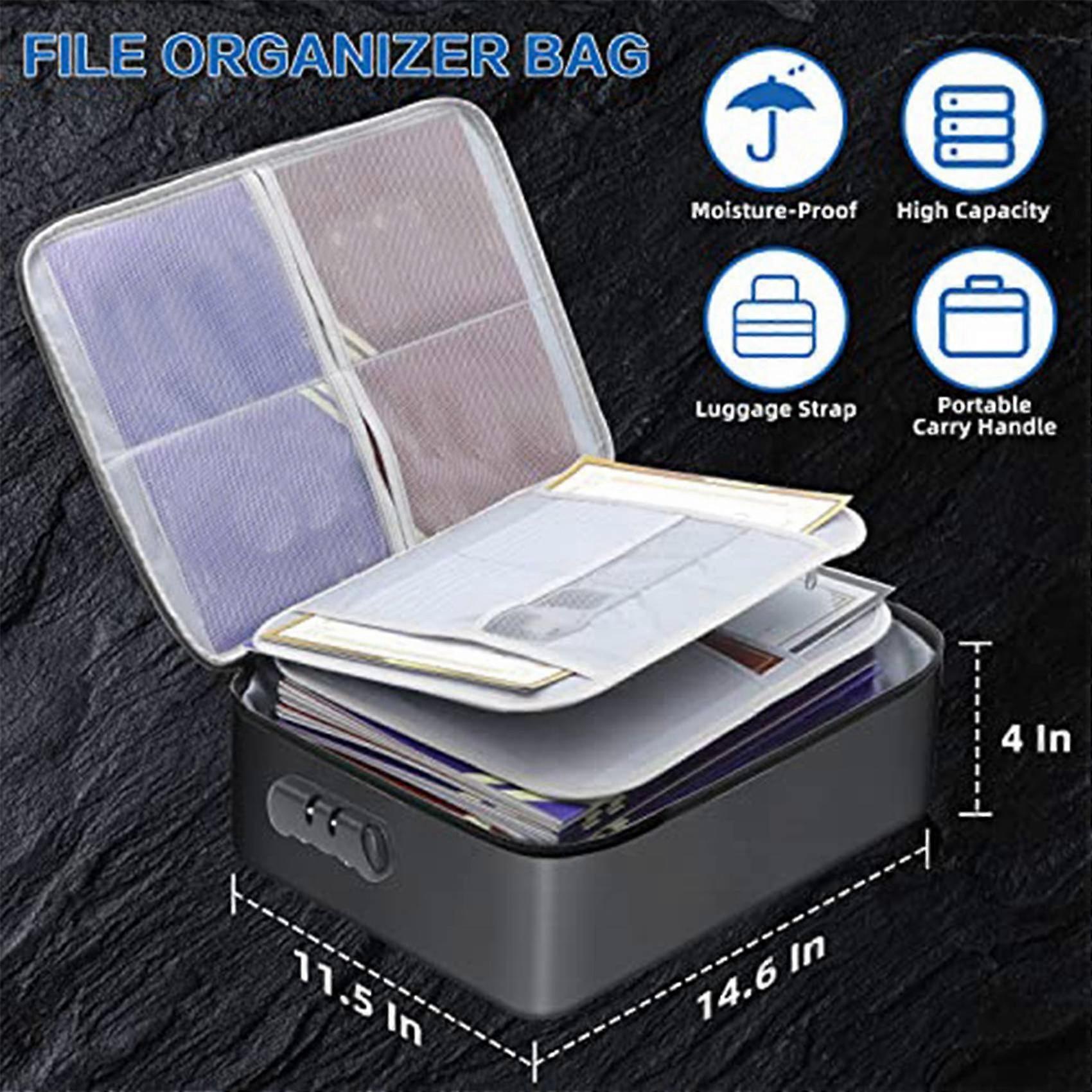 3X Document Bag with Lock - Fireproof Moisture Proof 3-Layer 15X11 Inch Important Document Organizer (Black)