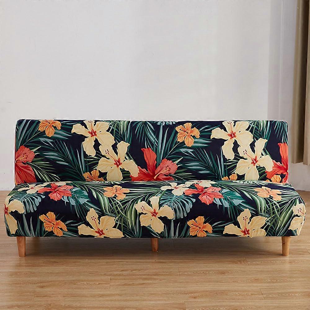 Futon Cover Red Floral Stretch Armless Slipcover with Elastic Bottom, Washable Sofa Bed Protector