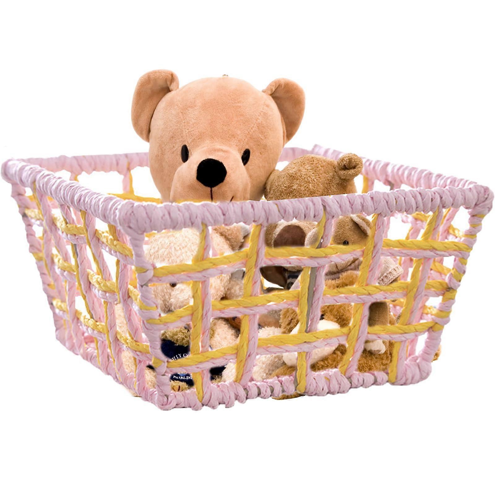 Woven Storage Basket with Durable Handcrafted Design for Rustic Farmhouse Decor, Pink and Yellow