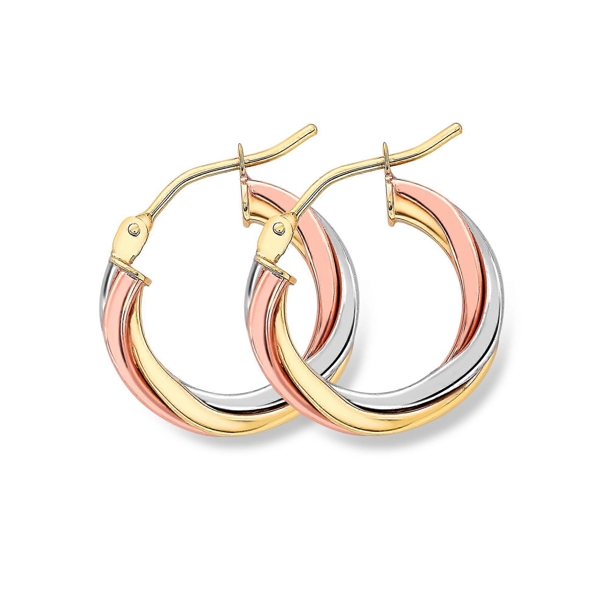 Jewelco London 9ct 3 Colour Gold Russian Wedding Ring Twist Hoop Earrings 2mm