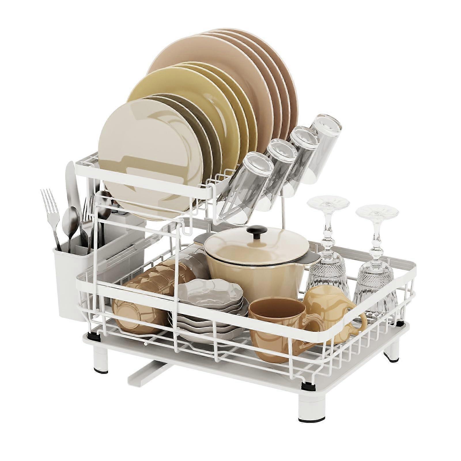 Dish Drying Rack TwoTier with Drainboard, Large Capacity RustResistant Dish Drainer for Kitchen, White