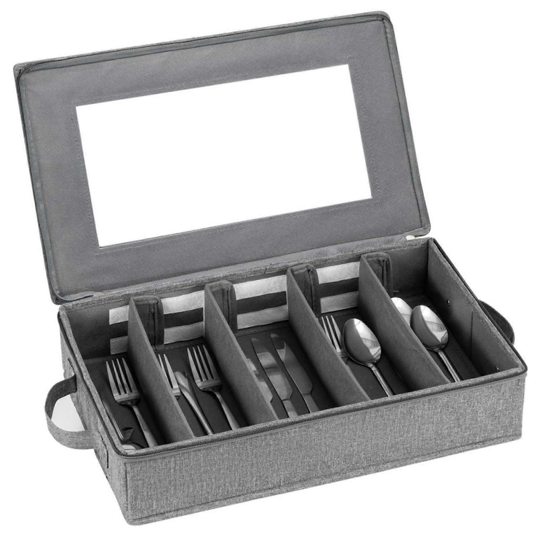 Silverware Storage Box with Removable Lid, Large Capacity Flatware Organizer with Adjustable Dividers for Kitchen Utensils