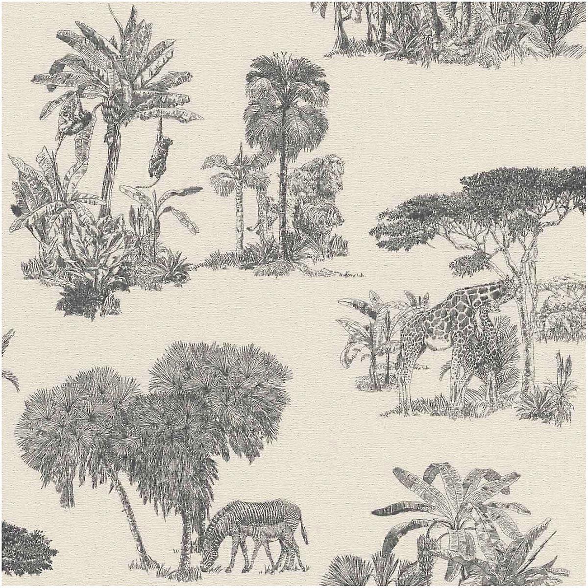 Black/White Jungle Toile De Jouy Wallpaper