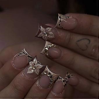24Pcs Short Square Press-On Nails Set, Brown Leopard Print French False Nails with Flower and Diamond Design