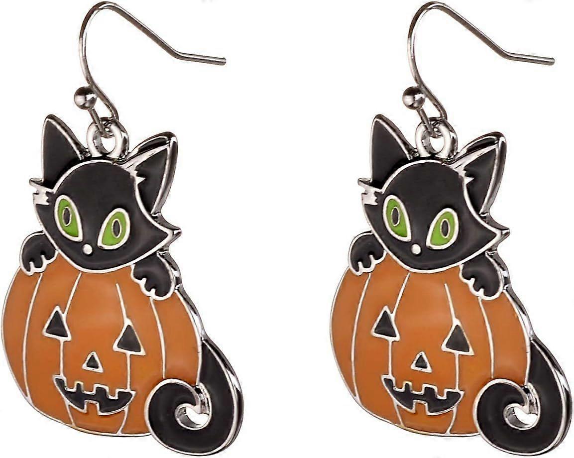 Halloween Orange Pumpkin Black Kitty Cat Silvertone Dangle Earrings