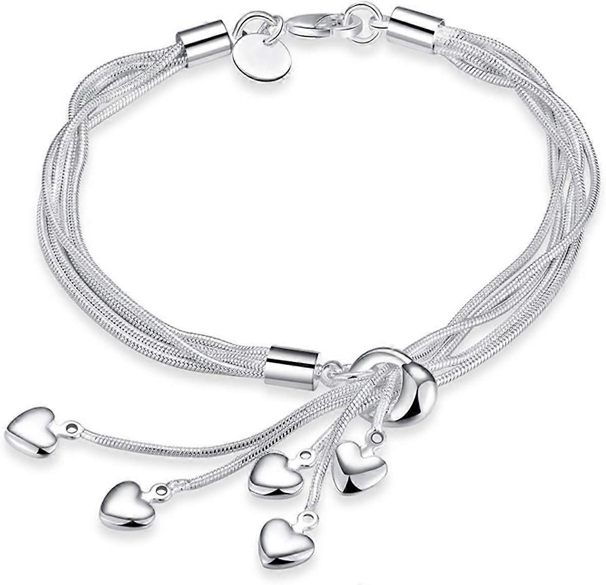 Silver Five-Line Chain with Five-Heart Bracelet Bangle
