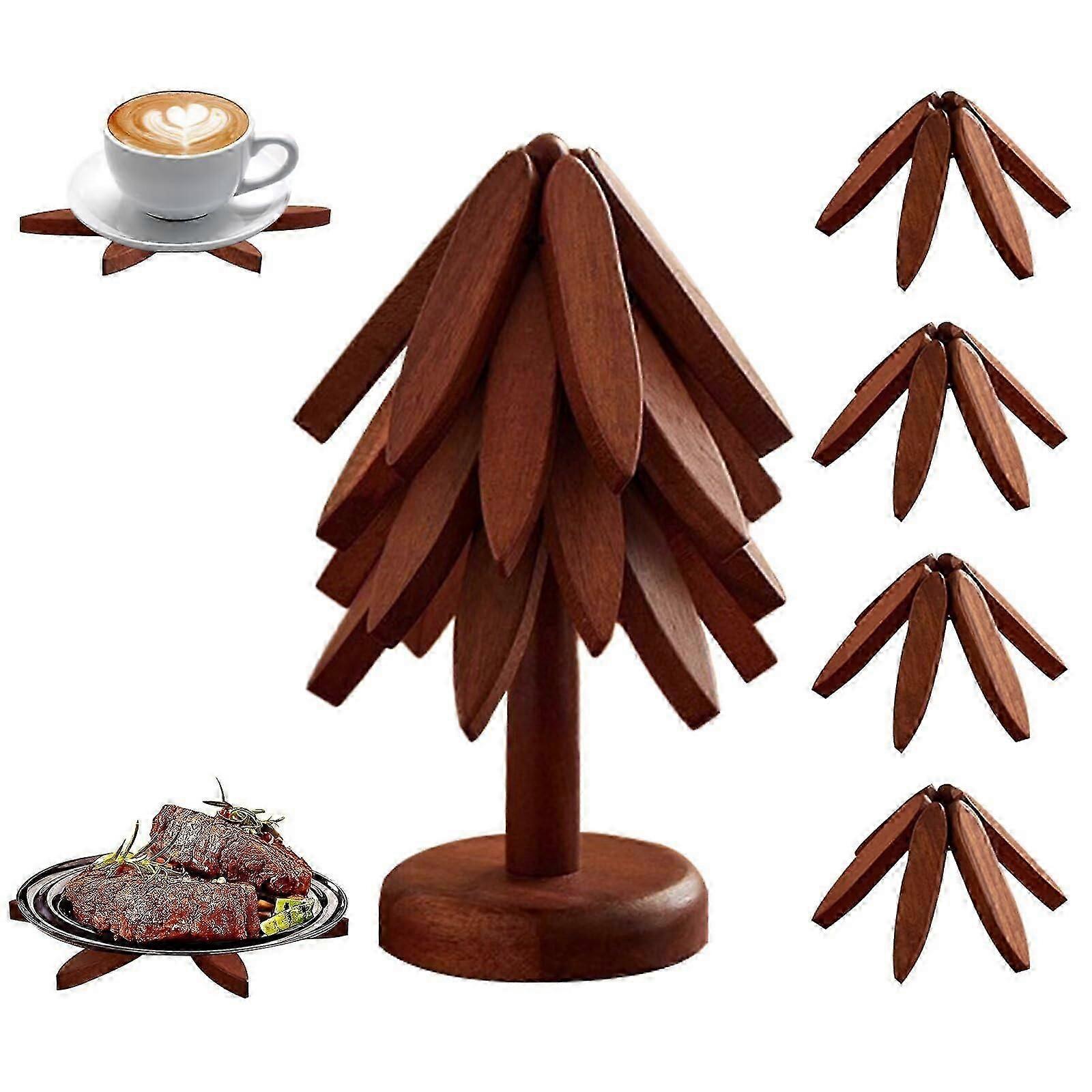 Walnut Wood Foldable Table Mats, Tree Shape Trivets Set, 4 Pcs with 1 Stand