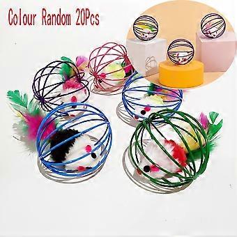 Interactive Cat Toy, Cage Toy for Indoor Cats with Wire Mouse on String and Colorful Feathers, Random Colors