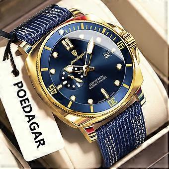 POEDAGAR Luxury Sport Leather 44mm Round Dial  Montre Homme Luminous Waterproof Men Quartz Watch