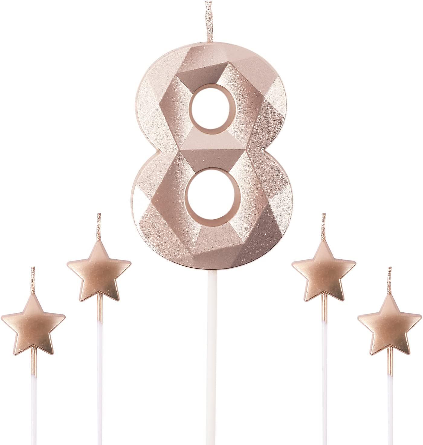 Ruusukulta numero 8 syntymäpäiväkynttilät ja tähti syntymäpäiväkynttilät 2.76 tuuman syntymäpäiväkakkukynttilät 3D timantin muotoiset kynttilät sopivat syntymäpäiväosaan