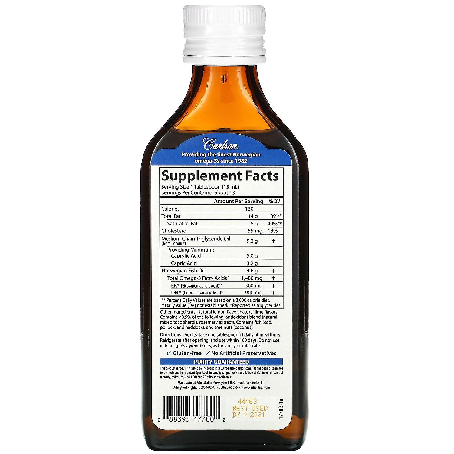 Carlson, MCT & Omega-3, Natural Lemon Lime, 6.7 fl oz (200 ml)
