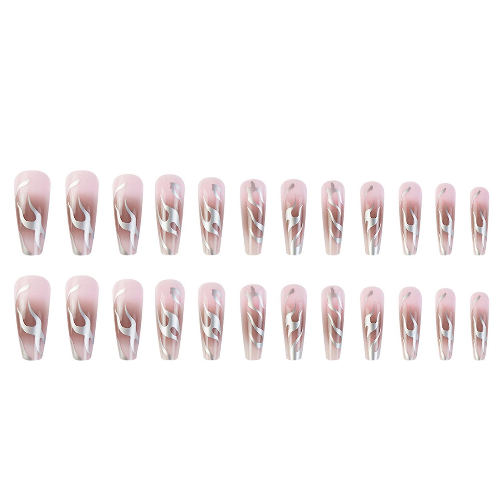 Flame Printed Long T Shape Fake Nails Full Cover Square Artificial Nail Tips