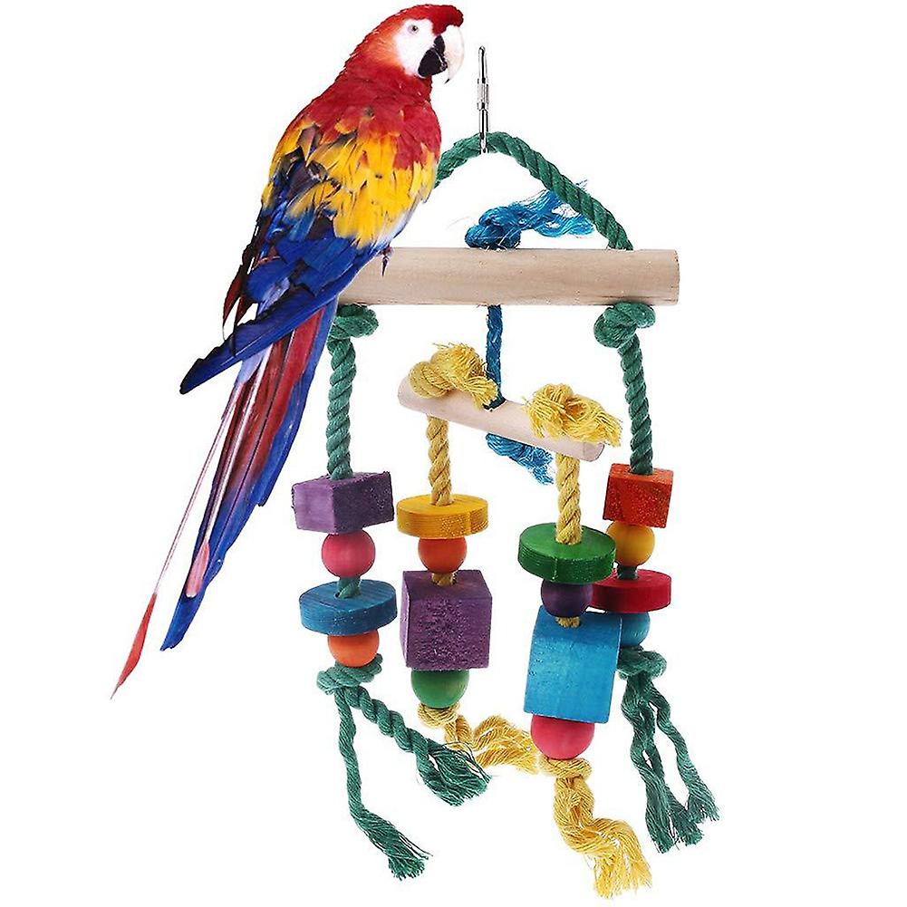 ZHOUBA Colorful Wooden Stand Bar Block Rope Parrot Climb Bite Swing Cage Bird Pet Toy