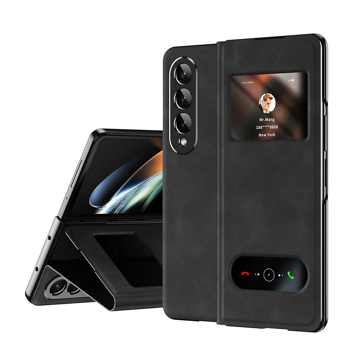 适用于三星 Galaxy Z Fold4 5G 窗口视图翻盖人造皮革手机壳保护壳黑色