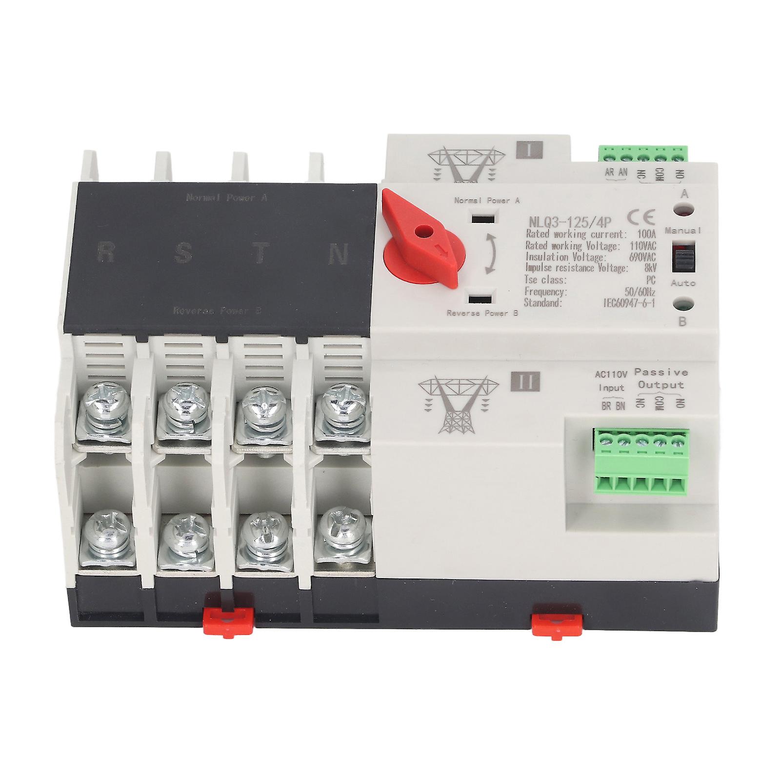 Ouitble Dual Power Automatic Transfer Switch110V Dual Power Automatic Transfer Switch 4P, AC110V 100A Mains Type, Millisecond Fast Switching