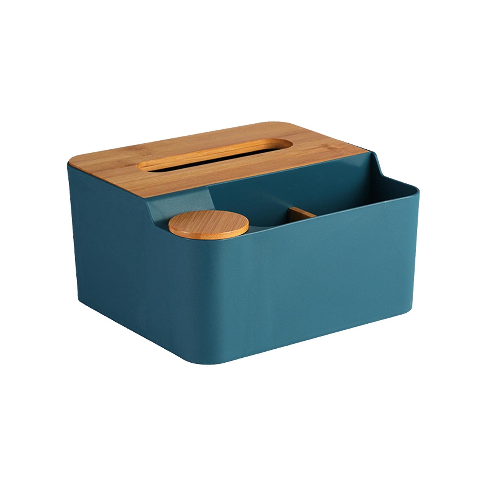 Multifunctional Tissue Box Plastic Wooden Lid Desktop Tissue Box Organizer for Living Room Bedroom Blue