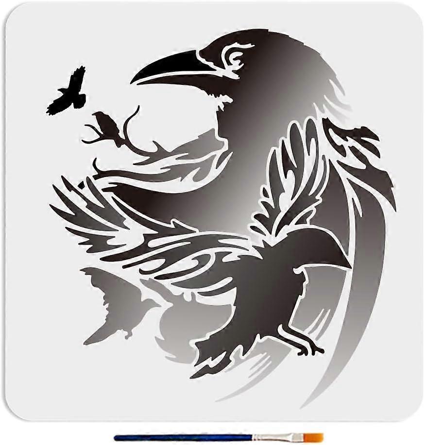 Crow Stencil 11.811.8inch Large Raven Stencils with Paint Brush Crow on Branch Primitive Flying Raven Drawing Template for Craft Furniture Fabric Wall
