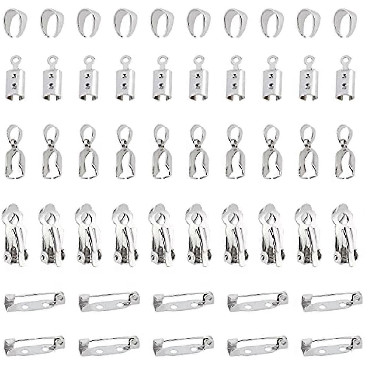 50 Pcs Jewelry Making Kit Includes Fold Over Cord Ends Ice Pick Pinch Bails Snap on Bails Pin Brooch Back Bar Findings and Clip-On Earrings Findings f