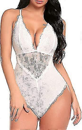 Kvinnor Snap Grenkläder Spets Bodysuit, Djup V-bit Spets Babydoll