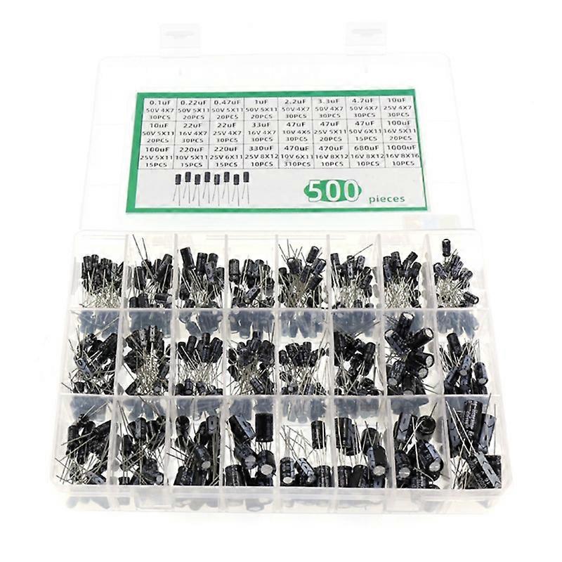 500PCS Electrolytic Capacitor Assortment Box Kit 0.1UF-1000UF 16V-50V 24 Values