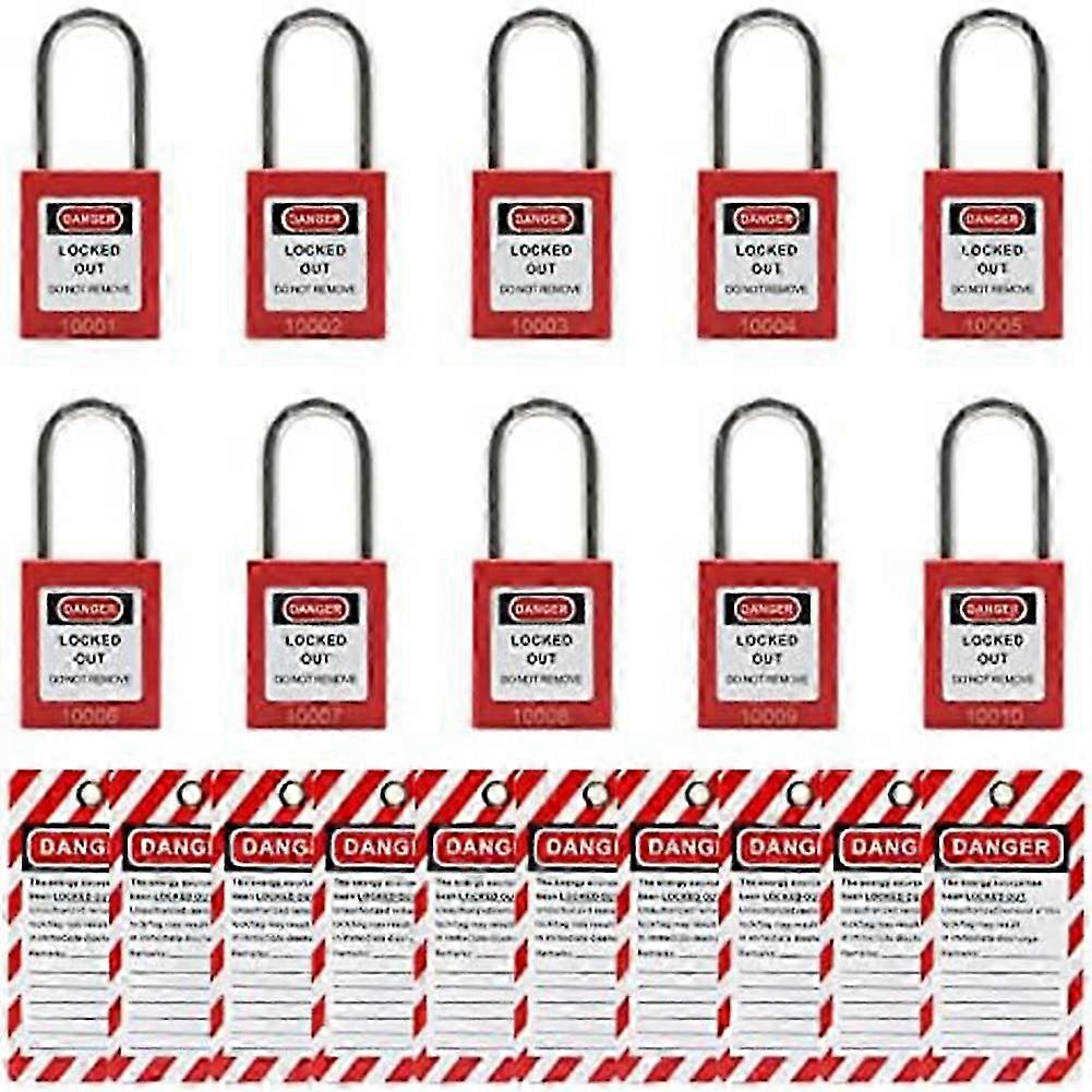 10 Red Lockout Tagout Locks with 10 Lock Out Tag Out Tags, Keyed Different,Compliant Safety Locks(R