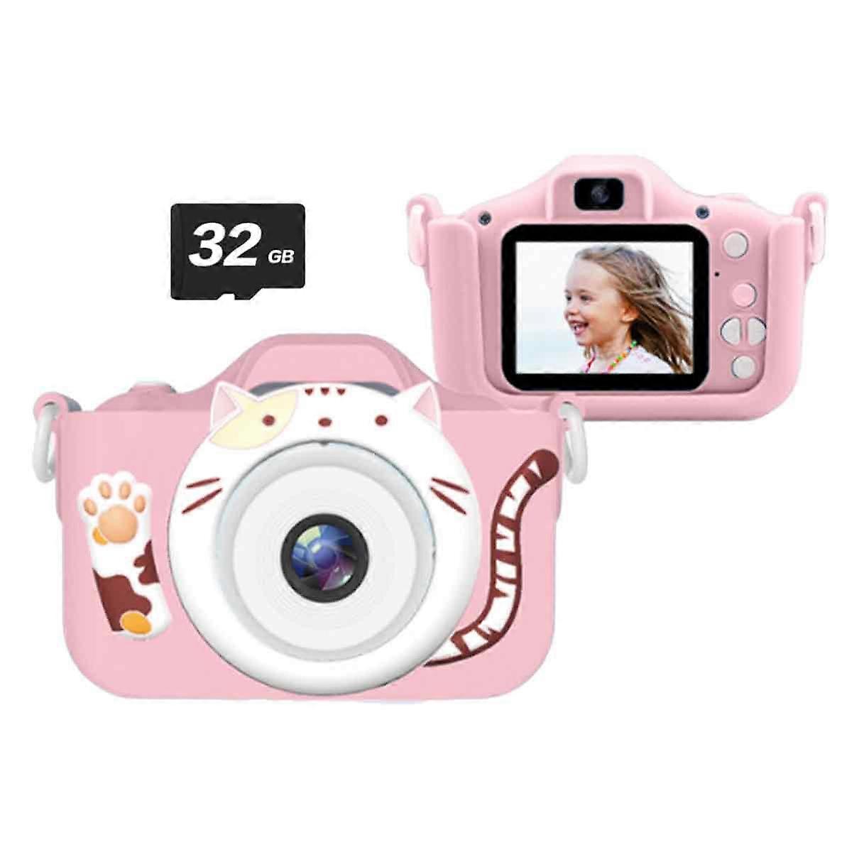 3〜8歳の女の子のためのpinkcatKidsカメラのおもちゃ、子供のための最高のクリスマス誕生日祭の贈り物-32GSDカードが含まれています。