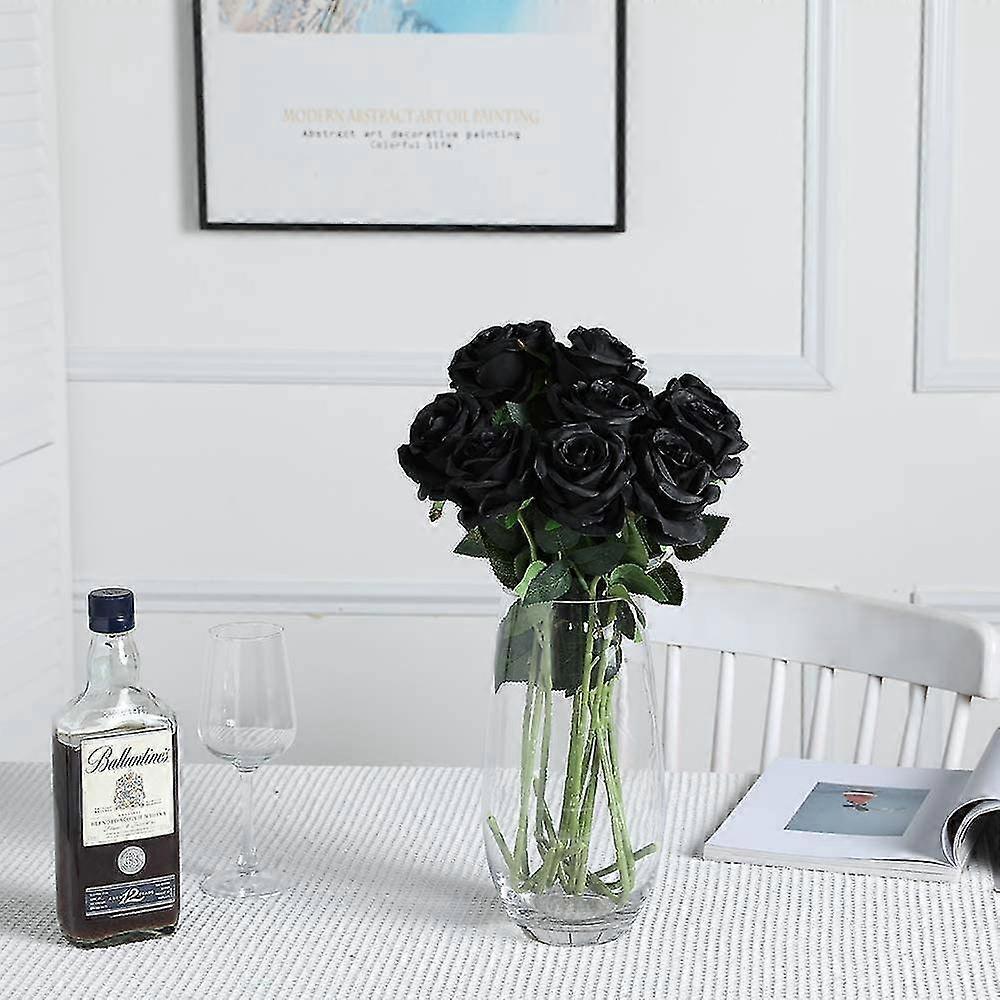 10pcs Artificial Silk Rose Flowers, Single Stem, Black