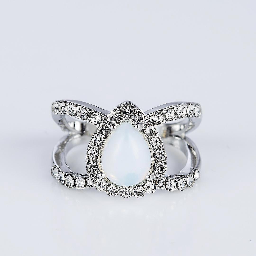 Silver Plated Oval Opal Ring With Dot Diamonds - Creative Silver Dot Diamond Oval Opal Ring