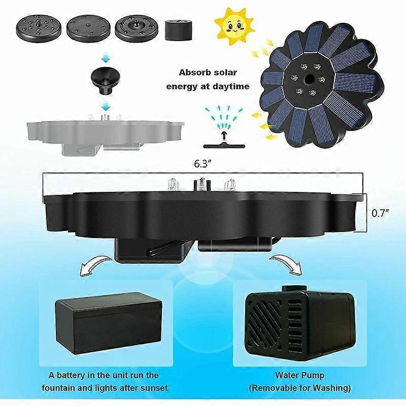 Pompe de fontaine à eau solaire pour bain d'oiseaux avec éclairage LED, version améliorée Pompe de fontaine à eau solaire 3 W avec batterie de rechange et 5 buses, utilisée pour Floati