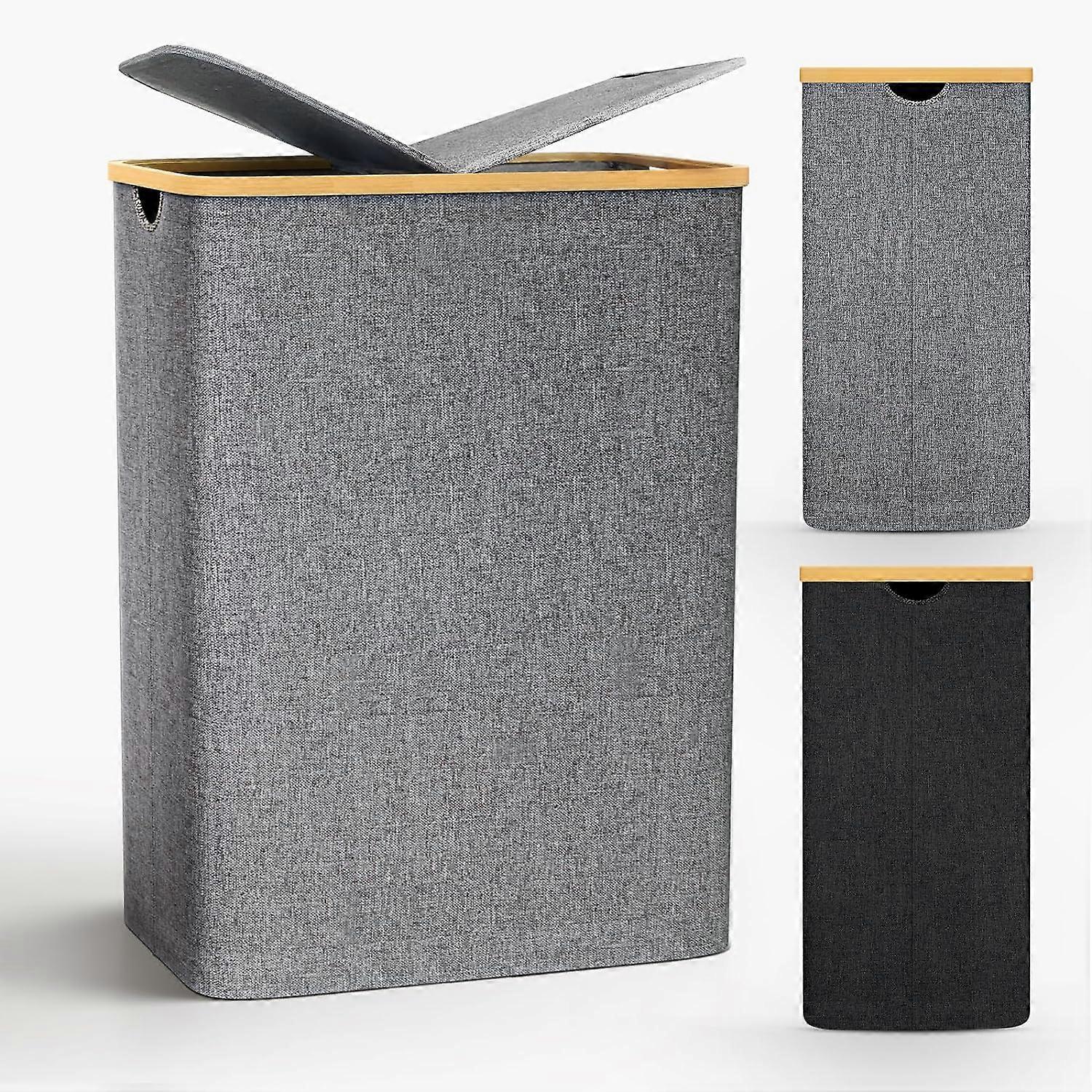 Wasmand met deksel, 140L grote wasmand met 2 compartimenten en bamboe handgrepen, opvouwbare wasmand Wasmand met verwijderbare Oxford Fab