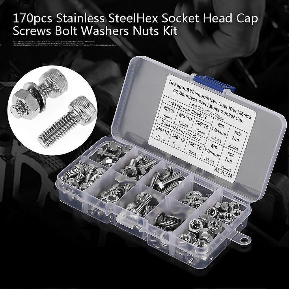 170pcs Stainless Steel M5/M6 Hex Socket Head Cap Screws Bolt Washers Nuts Kit