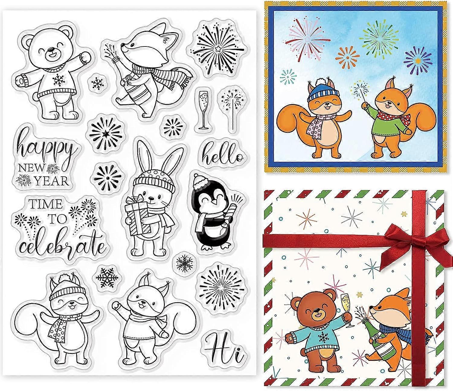 1sheet Happy New Year Animals Clear Stamps Bear Rabbit Fox Penguin Silicone Stamps Snowflake Fireworks Rubber