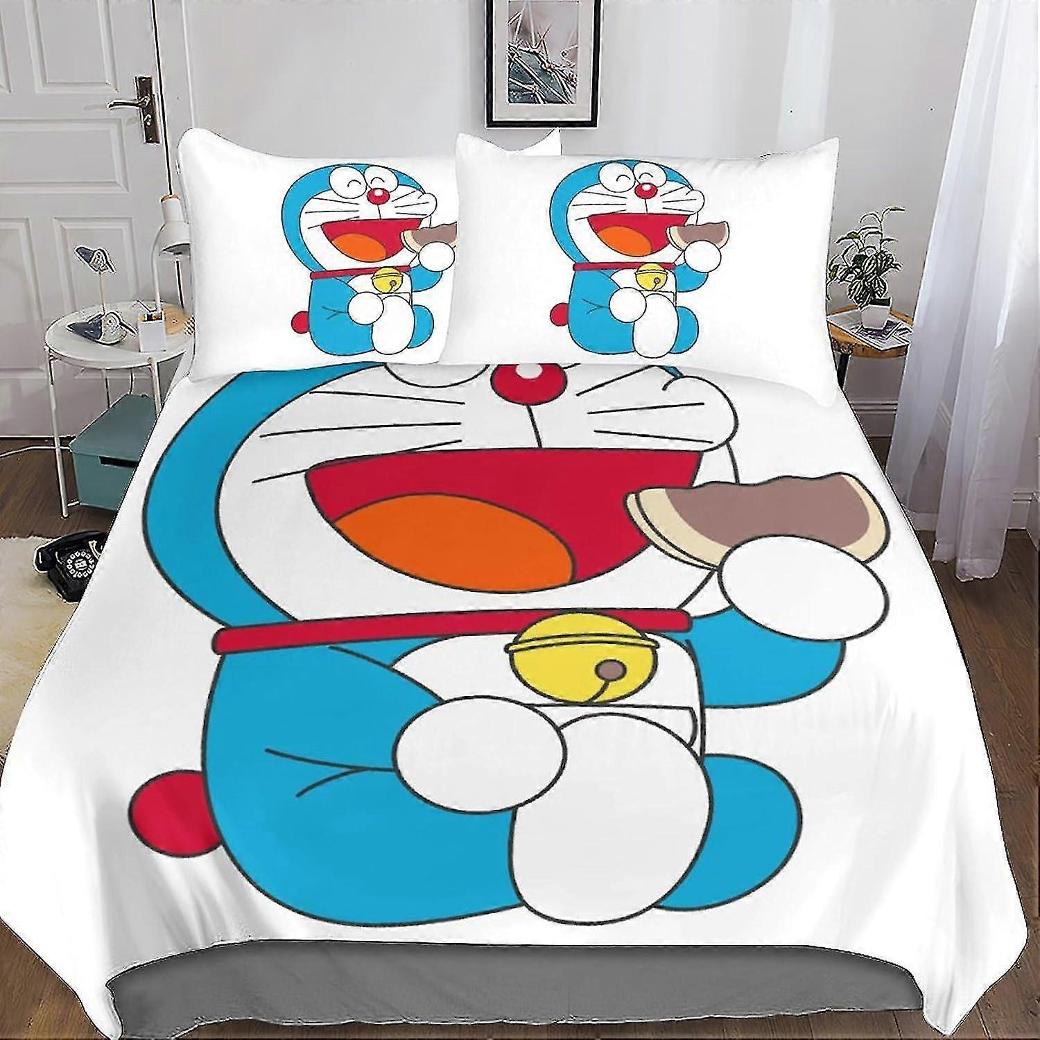o5907 Lakan Doraemon Påslakan Barn 3D Sängkläder Söt Anime Täcke Överdrag Täcke Påslakan för flickor, pojkar och tonåringar med kudde 3 stycken Mjuk Micr