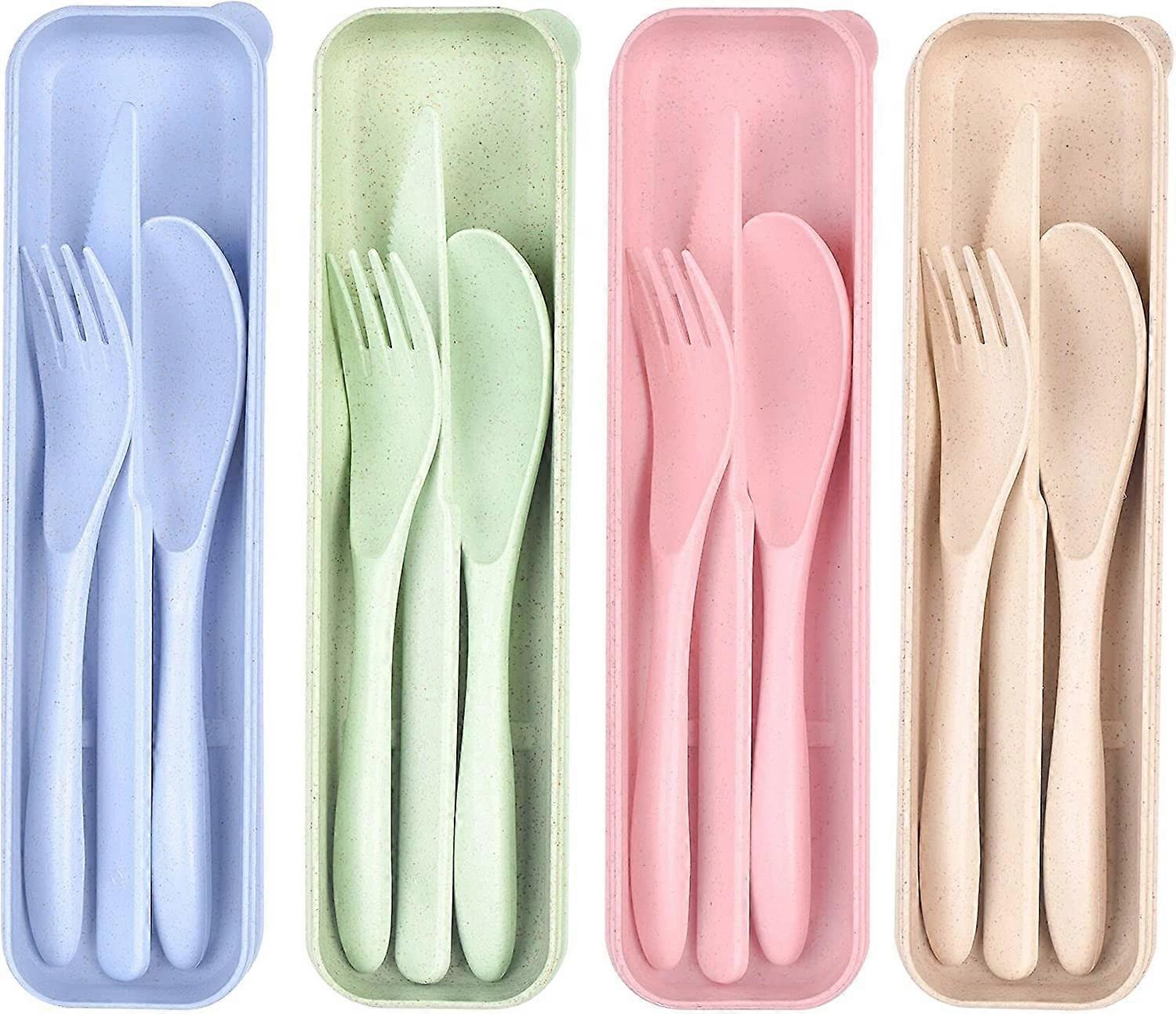 Travel Utensil Set with Case, 4 Sets Wheat Straw Reusable Spoon Knife Forks Tableware, Eco Friendly Non-toxin BPA Free Portable Cutlery for Travel Pic