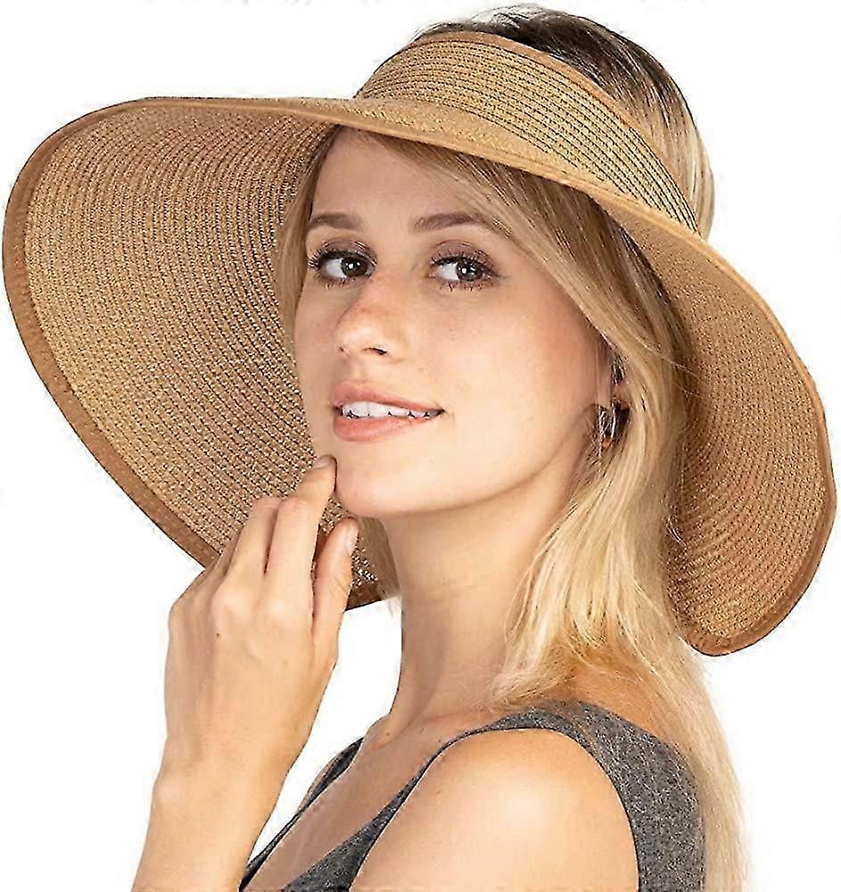 Women's Sun Visor Foldable Straw Hat Adjustable Size Wide Brim Hat (Light Brown)