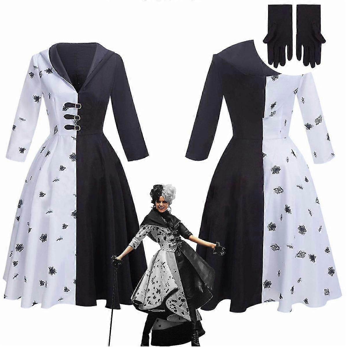 2022 Nuovo Film Evil Madame Cruella De Vil Costume Donne Cosplay Abito Nero Bianco Cameriera Vestito Halloween Festa Parrucca Parrucca da costume X...