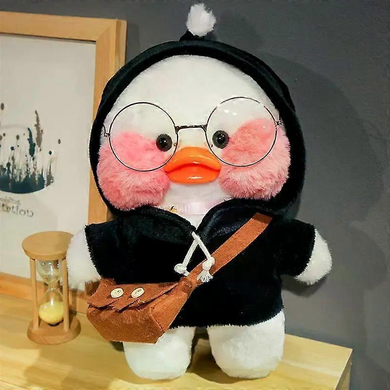 30cmカワイイカフェホワイトダックぬいぐるみぬいぐるみおもちゃメガネとパーカーソフトドール女の子誕生日子供のための創造的な贈り物