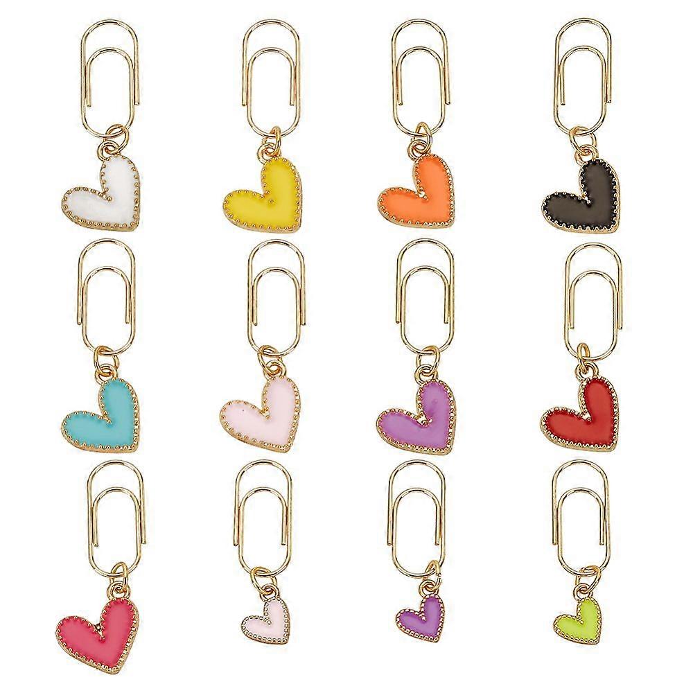 Alloy Enamel Heart Charm Paper Clips Carbon Steel Long Paper Clips Mixed Color 30~36mm 12pcs/set