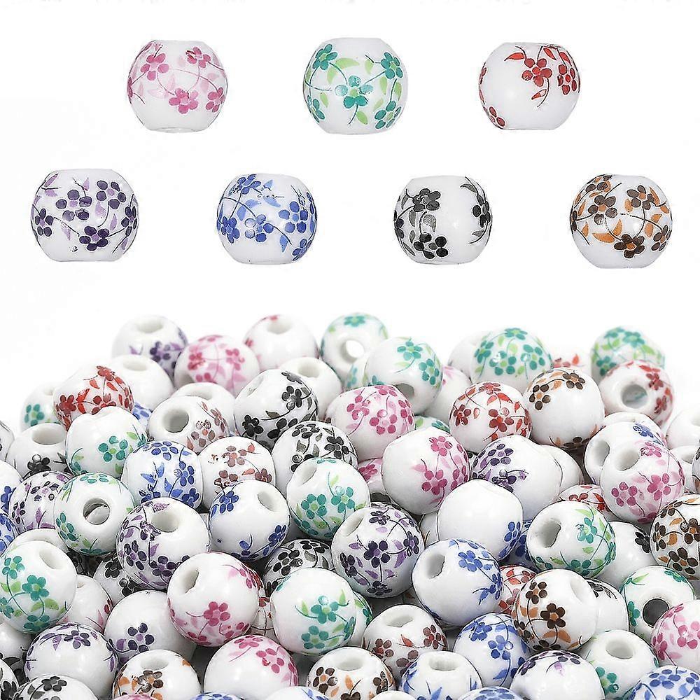 210Pcs 7 Colors Handmade Porcelain Beads Round with Flower Pattern Mixed Color 10.5x9.5mm Hole: 2.5mm 30pcs/color