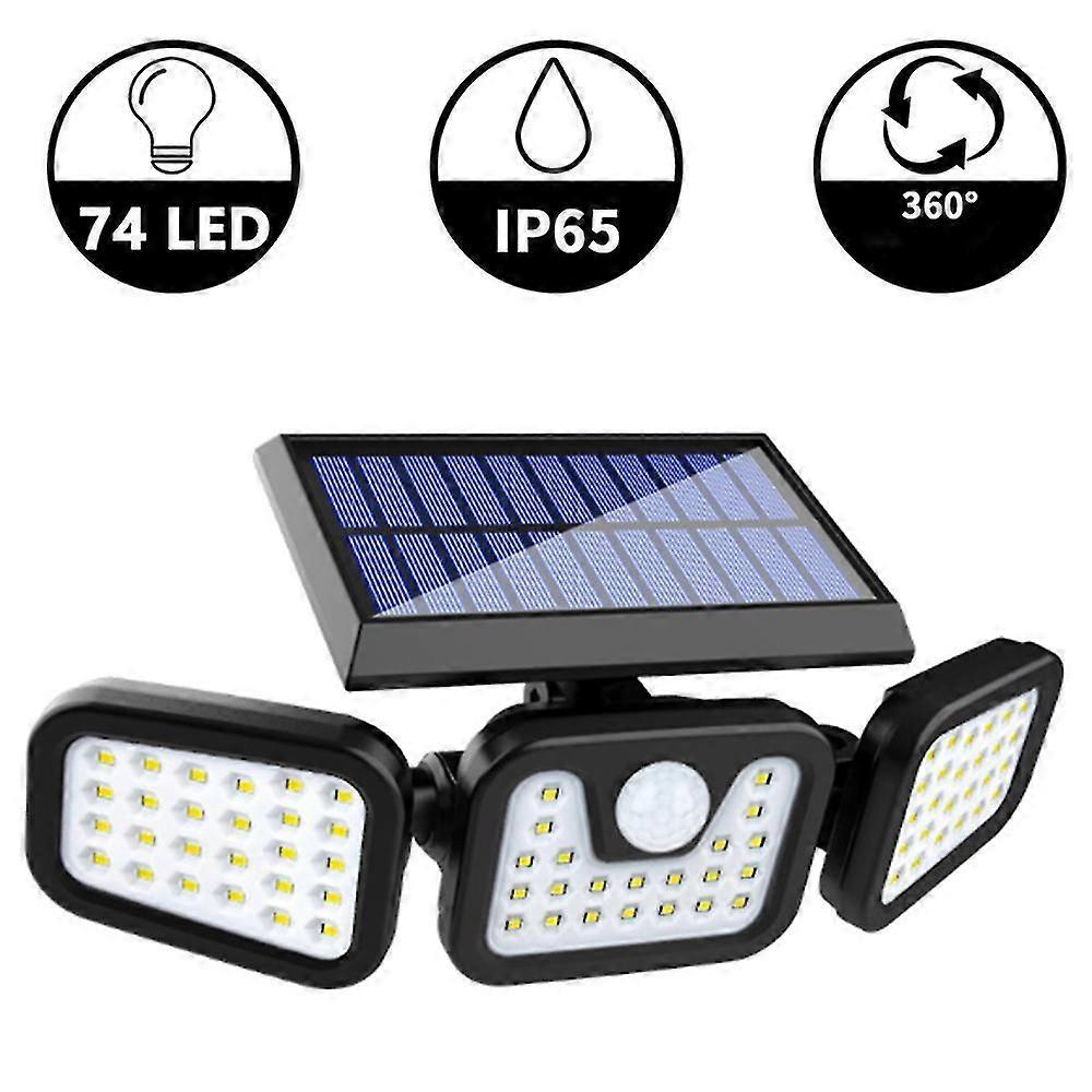 Solar Security Lights, 3 Head Motion Sensor Lights Adjustable 74led Flood Lights Outdoor Spotlights 360 Rotatable Ip65 Waterproof For Porch Garden Pat