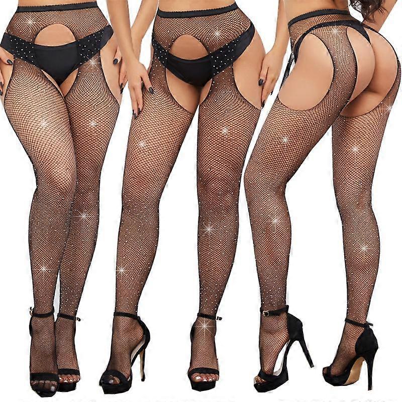 Ladies Hot Rhinestone Sexy Fishnet Stockings Hollow Crotch Small Mesh Pantyhose Stockings