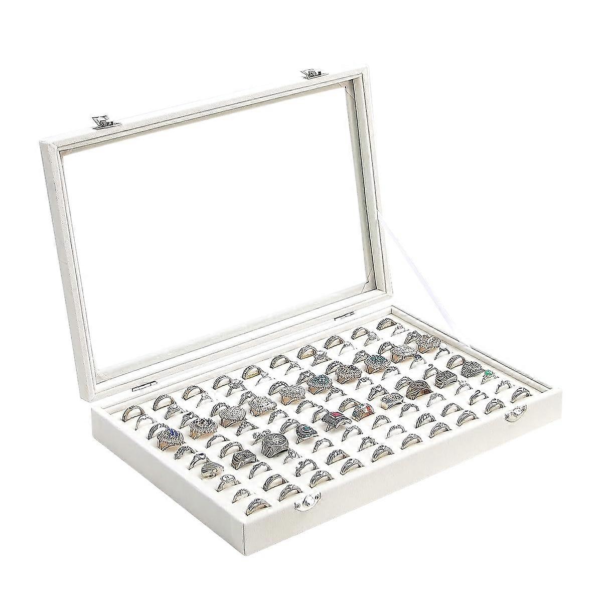 Velvet Jewelry Ring Display Case Organizer Box for 100 Rings and Earrings, Stackable, Soft Material, Elegant Design