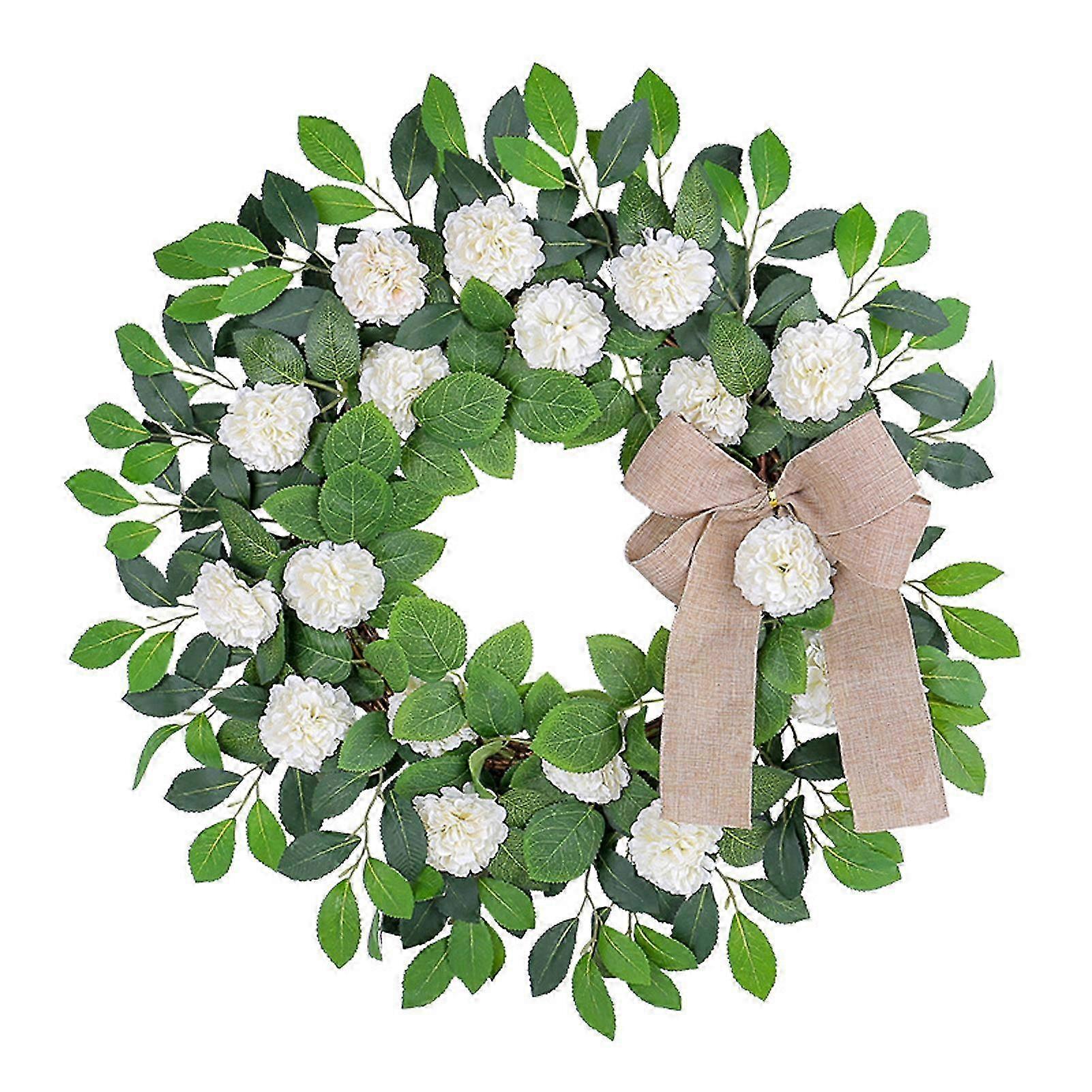 夏シミュレートされた白いアジサイ花輪の装飾小さなアジサイ緑の葉のドアぶら下がっている屋外のつるリング壁掛けf26