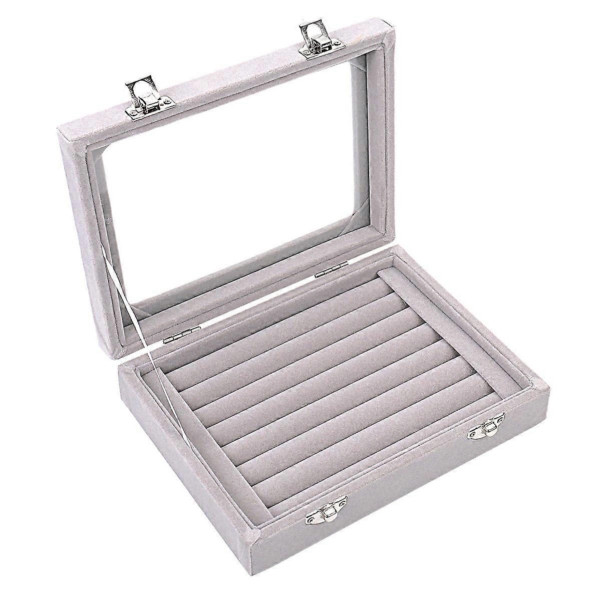 Ring Jewelry Display Storage Box Tray Case Holder Velvet Glass Grey Earring Organizer Stand with Multiple Compartments