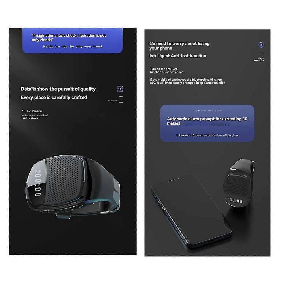 B90 Wristwatch with Bluetooth Speaker Support for TF Cards Ideal for Running and Sports Black